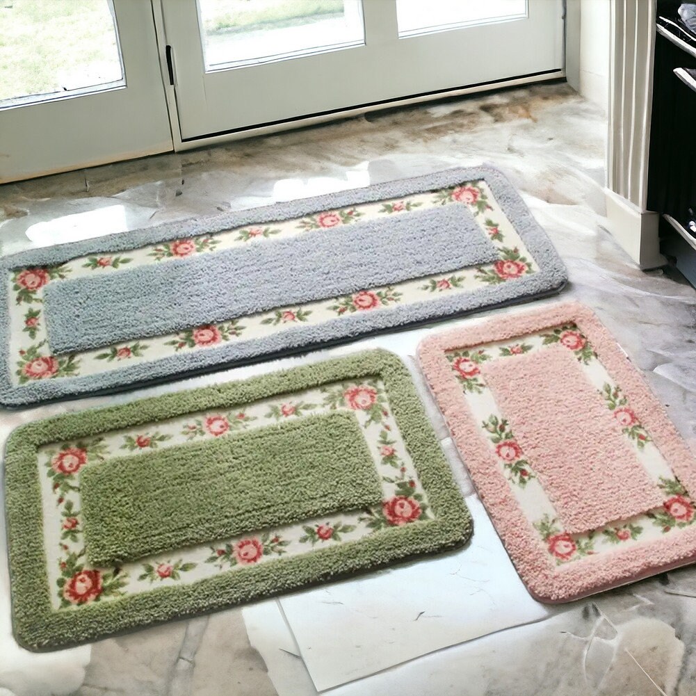 Boho Chic Pink Floral Bath Mat Absorbent Cotton Pastrol Flower Design ...