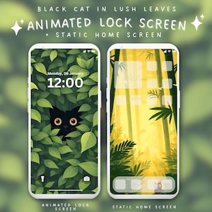 May include: Two smartphone screens showcasing digital art. One features a black cat amongst green leaves, the other a yellow forest scene. Text reads "BLACK CAT IN LUSH LEAVES" and "ANIMATED LOCK SCREEN + STATIC HOME SCREEN."