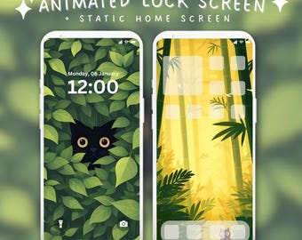 Kawaii Black Cat Wallpaper Animated Lock Screen Live Phone Wallpaper Forest Leave Cat Background Cute Dark Cat iPhone Android Wallpaper