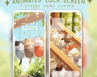 Animated Kawaii Cat Wallpaper Cute Cat Lock Screen Cozy Aesthetic Phone Background Animated Lock Screen iPhone Android Wallpaper Cat Lover