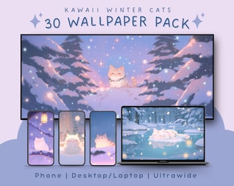 Kawaii winterkat-behangbundel - bureaubladachtergronden feestdagen (digitale download)