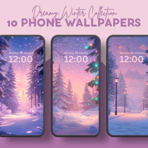 Pode incluir: Três maquetes de tela de telefone com cenas de floresta de inverno. Cada tela mostra um caminho nevado através de uma floresta com um céu rosa e roxo. A hora é 12:00 e o dia é segunda-feira, 06 de janeiro.