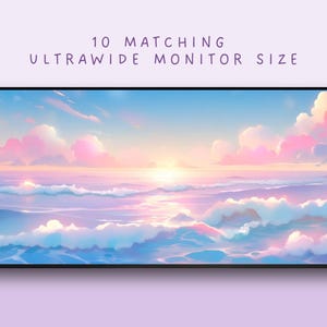 Op de afbeelding: Digitale kunstafdruk met een serene zeegezicht bij zonsondergang. Het kunstwerk toont een mix van pastelkleuren, waaronder roze, blauw en geel, met de tekst "10 Matching Ultrawide Monitor Size" bovenaan.