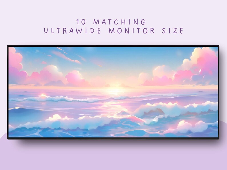 Op de afbeelding: Digitale kunstafdruk met een serene zeegezicht bij zonsondergang. Het kunstwerk toont een mix van pastelkleuren, waaronder roze, blauw en geel, met de tekst "10 Matching Ultrawide Monitor Size" bovenaan.