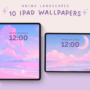 Anime landschap esthetische ipad-achtergronden dromerig roze paarse lucht en wolken achtergronden voor ipad vergrendelschermen grillige lucht tablet-achtergronden