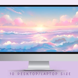 Op de afbeelding: Een desktopcomputer toont een digitaal kunstwerk van een zonsondergang boven de zee. De lucht is een verloop van blauw, roze en oranje, met zachte wolken. De oceaan heeft zachte golven. De tekst onderaan luidt "10 DESKTOP/LAPTOP SIZE".