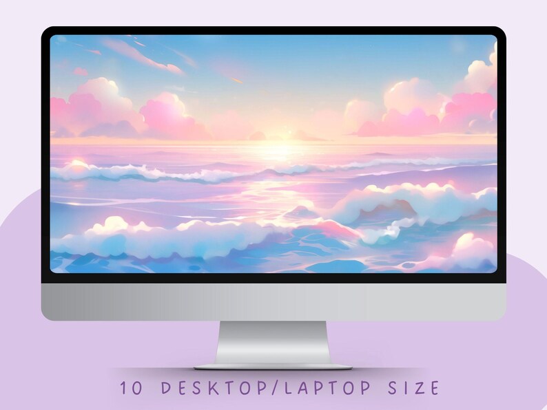 Op de afbeelding: Een desktopcomputer toont een digitaal kunstwerk van een zonsondergang boven de zee. De lucht is een verloop van blauw, roze en oranje, met zachte wolken. De oceaan heeft zachte golven. De tekst onderaan luidt "10 DESKTOP/LAPTOP SIZE".