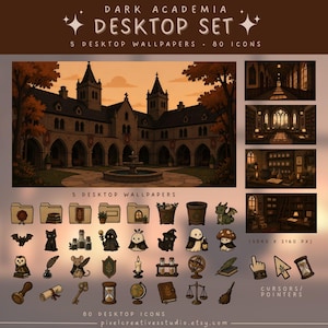 May include: A digital desktop set featuring 5 wallpapers and 80 icons with a dark academia theme. The set includes illustrations of gothic architecture, a library, a study, and various small icons like books, candles, quills, and creatures.