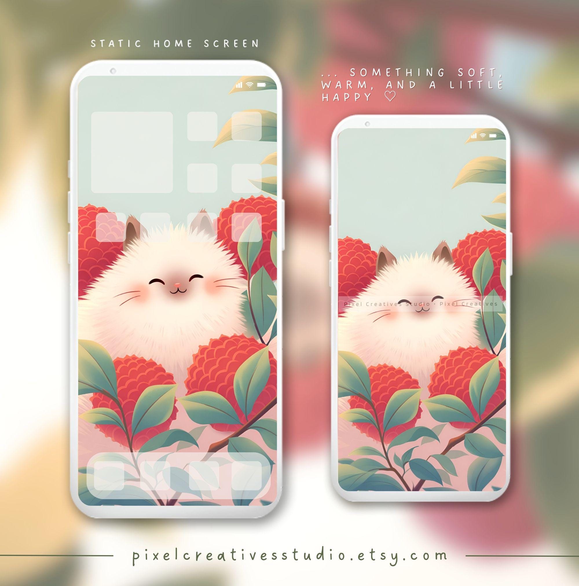 Kawaii Cat in Lychee Animated Lock Screen Cute Cat Aesthetic Phone ...