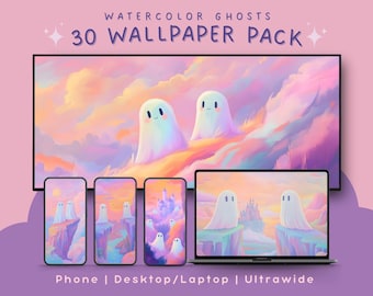 Watercolor ghost wallpaper bundle watercolor wallpaper pack pastel wallpaper kawaii ghost pretty halloween wallpaper cute kawaii wallpaper