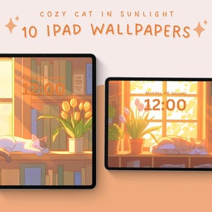 Sfondi accoglienti con piante di gatti per la schermata di blocco dell'iPad, sfondo giallo con gatti, salvaschermo per tablet, sfondi kawaii con gatti per iPad, sfondo alla moda