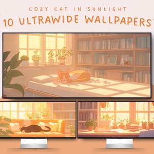 Sfondi ultra-wide con gatti accoglienti, sfondo giallo con gatti, sfondo kawaii con gatti per schermi ultra-wide, carta da parati con piante di gatti alla moda e stravaganti.
