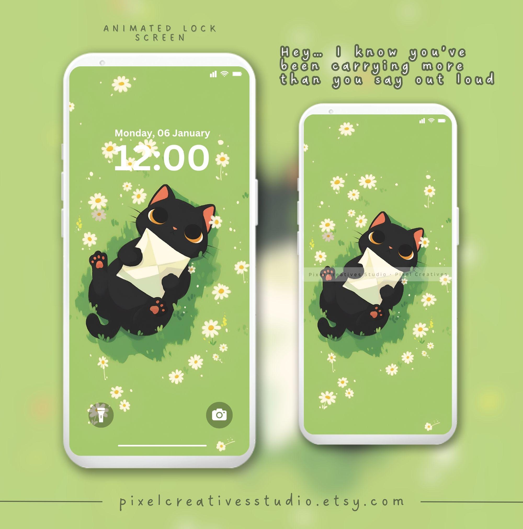 Black Cat Animated Lock Screen Cute Kawaii Cat Aesthetic Wallpaper Cozy ...