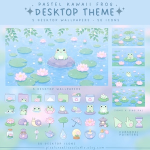 May include: A digital desktop theme set featuring a pastel frog, including 5 wallpapers and 50 icons. The graphics display frogs on lily pads, lotus flowers, and various items like umbrellas, teapots, and cursors in a soft blue and green color palette.