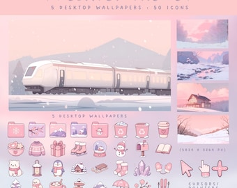Tema de inverno rosa para desktop, papel de parede fofo de inverno, pacote de ícones rosa para desktop, tema de computador com neve, ícones aconchegantes em tons pastel de inverno e ícones de Natal.