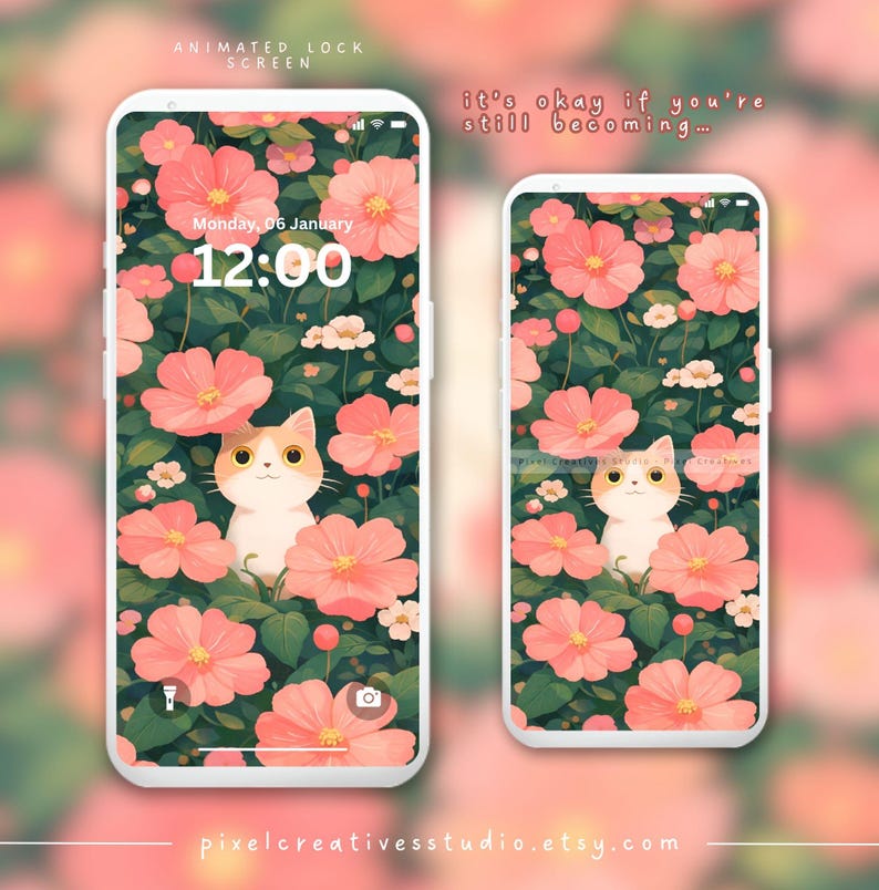 Cute Cat on Pink Flowers Aesthetic Wallpaper Kawaii Cat Phone Wallpaper ...