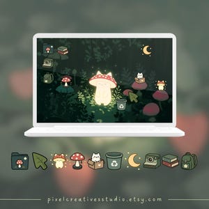 Puede incluir: Un port&aacute;til blanco muestra una escena de bosque caprichosa con setas brillantes, una luna creciente y un gato. Debajo, una fila de iconos a juego incluye una carpeta de setas, un cursor y un cubo de reciclaje. La direcci&oacute;n del sitio web pixelcreativesstudio.etsy.com est&aacute; en la parte inferior.