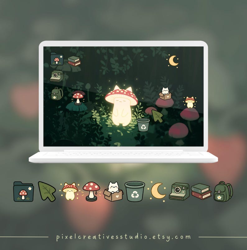 Puede incluir: Un port&aacute;til blanco muestra una escena de bosque caprichosa con setas brillantes, una luna creciente y un gato. Debajo, una fila de iconos a juego incluye una carpeta de setas, un cursor y un cubo de reciclaje. La direcci&oacute;n del sitio web pixelcreativesstudio.etsy.com est&aacute; en la parte inferior.