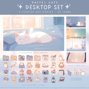 May include: A digital desktop set titled Pastel Cats Desktop Set featuring 5 desktop wallpapers and 50 icons. The set includes illustrations of white cats in various settings, folders, plants, a camera, a calendar, and custom mouse cursors.