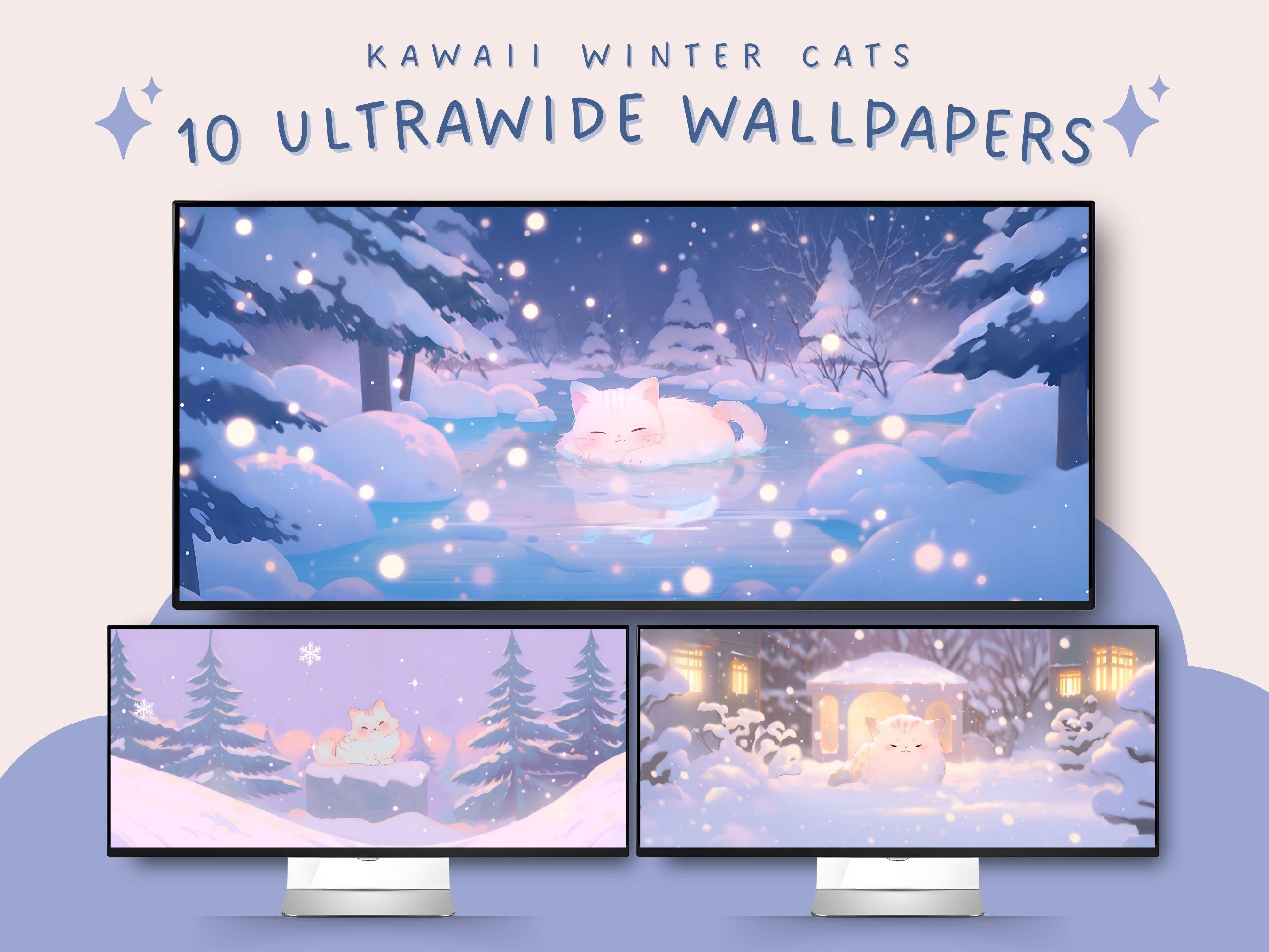 Kawaii Winter Cats Ultrawide Wallpaper Cute Winter Art Kawaii Cat