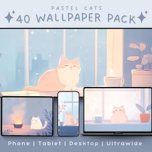 Pastel Cats Wallpaper Bundle, Kawaii Cozy Anime Designs (Digital Download)