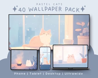 Bundel met pastelkleurige kattenbehang, kawaii gezellige anime-ontwerpen (digitale download)