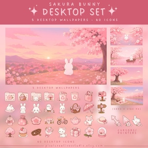 May include: A Sakura Bunny desktop set featuring 5 wallpapers and 60 icons in shades of pink. The set includes illustrations of bunnies, cherry blossoms, and various objects like baskets, bicycles, and teapots, with custom cursors and pointers.