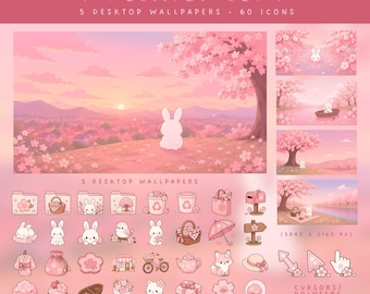Sakura Desktop Icons Sakura Bunny Wallpaper Set Pink Sakura Icons Pink Cherry Blossom Mac Icons Windows Icons Pack Kawaii Desktop Organizer