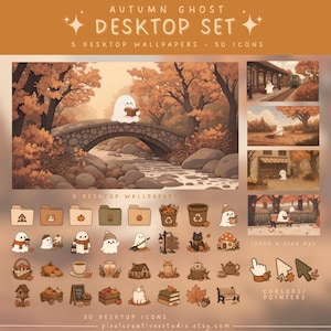 Può includere: Un set desktop Autumn Ghost con 5 sfondi e 50 icone in calde tonalità arancioni e marroni. La collezione include illustrazioni di fantasmi, zucche, gatti e fogliame autunnale, insieme a cursori del mouse e icone delle cartelle personalizzati.
