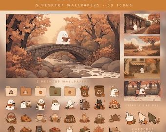 Autumn Desktop Icons Cute Ghost Icon Pack Fall Desktop Wallpaper Cozy Desktop Theme Mac Icons and Windows Icons Halloween Desktop Organizer
