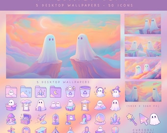 Watercolor Ghost Desktop Icons and Wallpaper Set Cute Pastel Desktop Theme Mac Icons Windows Icon Pack Ghost Wallpaper Desktop Organizer