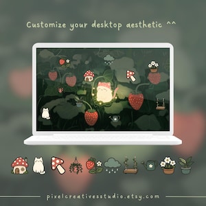 Puede incluir: Un port&aacute;til blanco muestra un fondo de escritorio caprichoso con fresas, un gato e ilustraciones de casas de setas. El texto "Customize your desktop aesthetic" est&aacute; en la parte superior. Debajo del port&aacute;til hay iconos a juego. El nombre de la tienda Etsy est&aacute; en la parte inferior.