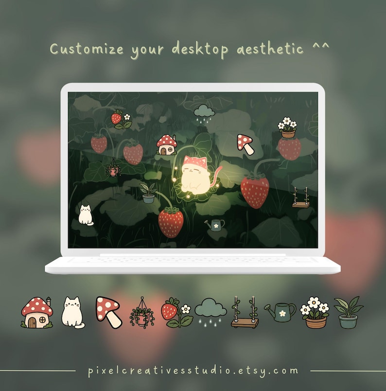 Puede incluir: Un port&aacute;til blanco muestra un fondo de escritorio caprichoso con fresas, un gato e ilustraciones de casas de setas. El texto "Customize your desktop aesthetic" est&aacute; en la parte superior. Debajo del port&aacute;til hay iconos a juego. El nombre de la tienda Etsy est&aacute; en la parte inferior.