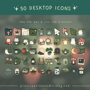 Puede incluir: Un conjunto de 50 iconos de escritorio con un estilo lindo y caprichoso. Los iconos incluyen varios objetos como una seta, un gato, una rana y una casa. El texto en la parte superior dice "50 DESKTOP ICONS". Los iconos son para Mac y Windows.
