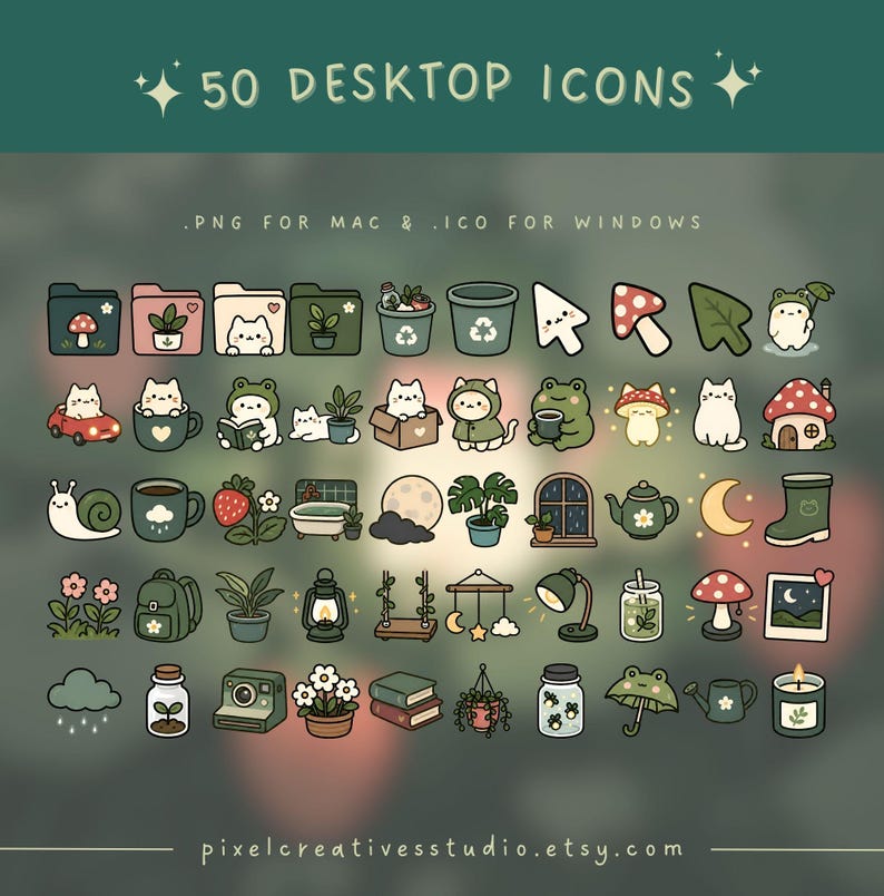 Puede incluir: Un conjunto de 50 iconos de escritorio con un estilo lindo y caprichoso. Los iconos incluyen varios objetos como una seta, un gato, una rana y una casa. El texto en la parte superior dice "50 DESKTOP ICONS". Los iconos son para Mac y Windows.
