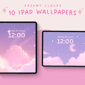 May include: Two black iPad tablets displaying dreamy cloud wallpapers. The wallpapers feature pink and purple clouds, stars, and a crescent moon. The text "DREAMY CLOUDS" and "10 IPAD WALLPAPERS" is at the top.