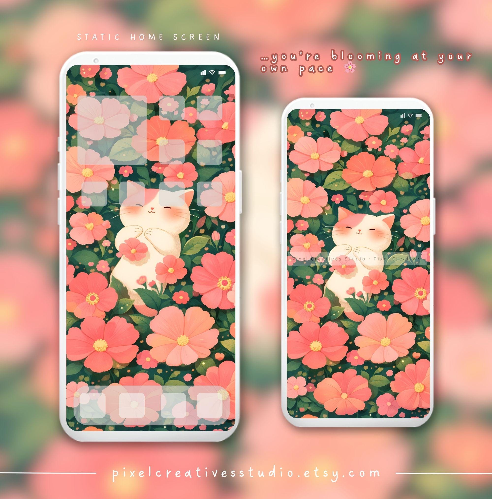 Cute Cat on Pink Flowers Aesthetic Wallpaper Kawaii Cat Phone Wallpaper ...