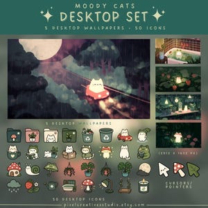 Könnte beinhalten: Ein digitales Desktop-Set mit dem Thema "Moody Cats", das 5 Desktop-Hintergründe und 50 Icons enthält. Das Hauptbild zeigt eine Katze, die in einer regnerischen Szene Auto fährt. Zusätzliche Bilder zeigen verschiedene Icons und Cursor zum Thema Katze.