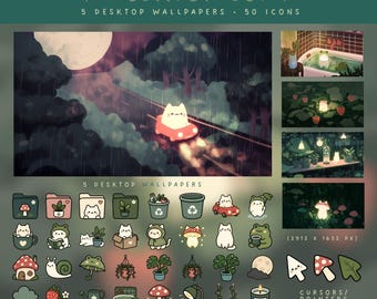 Moody Cats Desktop Icons and Wallpaper Set Cute Aesthetic Desktop Organizer Mac and Windows Icons Cozy Forest Cat Theme Kawaii Cat Icons