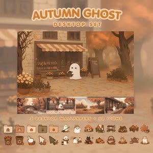 May include: A digital desktop set titled Autumn Ghost Desktop Set featuring five wallpapers and fifty icons. The main image shows a white ghost character in front of a shop with orange autumn foliage, while smaller icons depict ghosts, cats, and pumpkins.