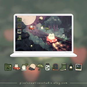 Puede incluir: Un port&aacute;til blanco muestra un fondo de escritorio caprichoso con una escena de bosque lluvioso y personajes de gatos de dibujos animados en coches. La parte inferior de la pantalla muestra iconos a juego, incluyendo una carpeta, coche, rana, luna y tarro. pixelcreativesstudio.etsy.com.