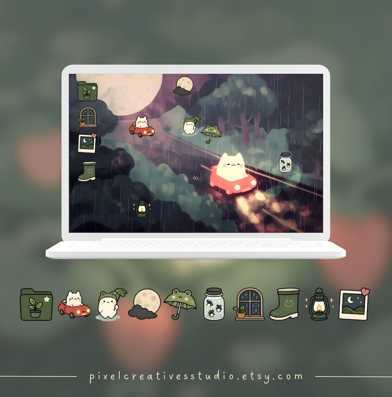 Puede incluir: Un port&aacute;til blanco muestra un fondo de escritorio caprichoso con una escena de bosque lluvioso y personajes de gatos de dibujos animados en coches. La parte inferior de la pantalla muestra iconos a juego, incluyendo una carpeta, coche, rana, luna y tarro. pixelcreativesstudio.etsy.com.
