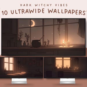 May include: Digital art featuring three ultrawide computer monitors displaying cozy, dark-themed wallpapers. The top monitor shows a witchy kitchen scene with a cauldron, plants, and a crescent moon. The other monitors show a bedroom and a bathroom. Text reads "DARK WITCHY VIBES 10 ULTRAWIDE WALLPAPERS."