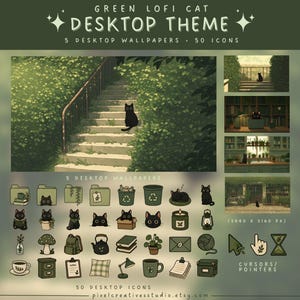 以下が含まれることがあります： Green Lofi Catというタイトルのデジタルデスクトップテーマセット。5枚の壁紙と50個のアイコンが含まれています。様々な環境にいる黒猫のイラスト、緑色のフォルダーアイコン、カスタムカーソルが特徴で、解像度は3840 x 2160 pxです。
