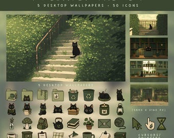 Green Lofi Cat Desktop Theme Kawaii Cat Desktop Wallpapers Cute Cat Icon Pack Lofi Desktop Icons Green Aesthetic Mac Icons Windows Icons