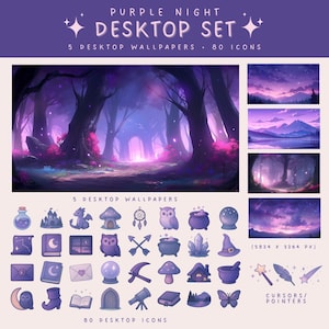 May include: A digital desktop set with a purple night theme. The set includes 5 desktop wallpapers and 80 icons. The wallpapers feature a forest scene with purple and pink hues. The icons are various shapes and sizes, all in shades of purple.