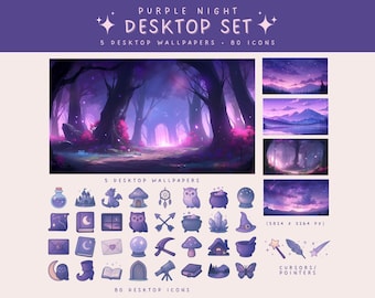 Ensemble de bureau Purple Night Lofi Aesthetic Purple Wallpapers Pack d'icônes de bureau violet Icônes esthétiques de bureau Witchy Icônes Mac Icônes Windows