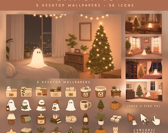 Christmas Ghost Desktop Set Cozy Christmas Wallpaper and Desktop Icons Holiday Computer Theme Mac Icons Cute Ghost Icons Windows Icons