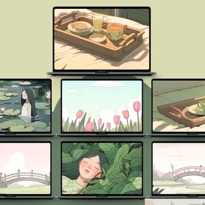 Papier peint vert matcha, papier peint matcha, papier peint chat noir, papier peint tulipe, amoureux du matcha, fond vert clair, esthétique verte image 6