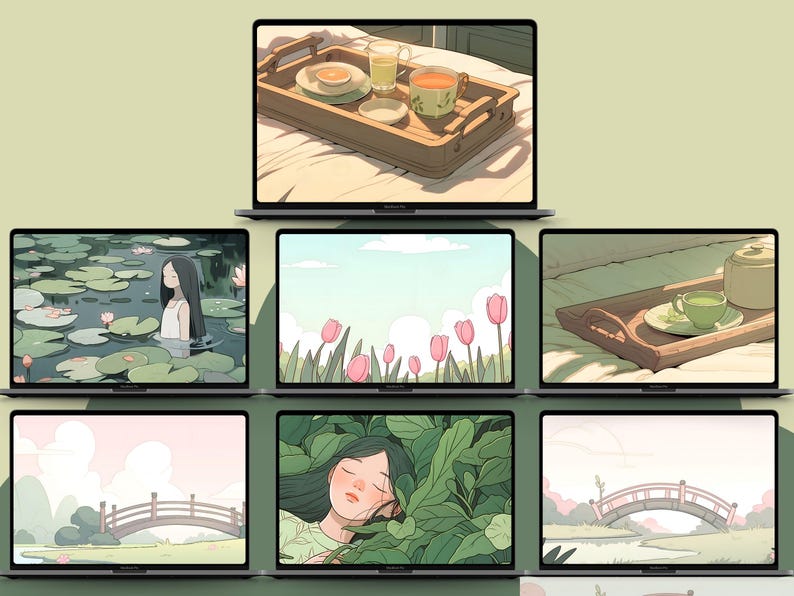 Papier peint vert matcha, papier peint matcha, papier peint chat noir, papier peint tulipe, amoureux du matcha, fond vert clair, esthétique verte image 6